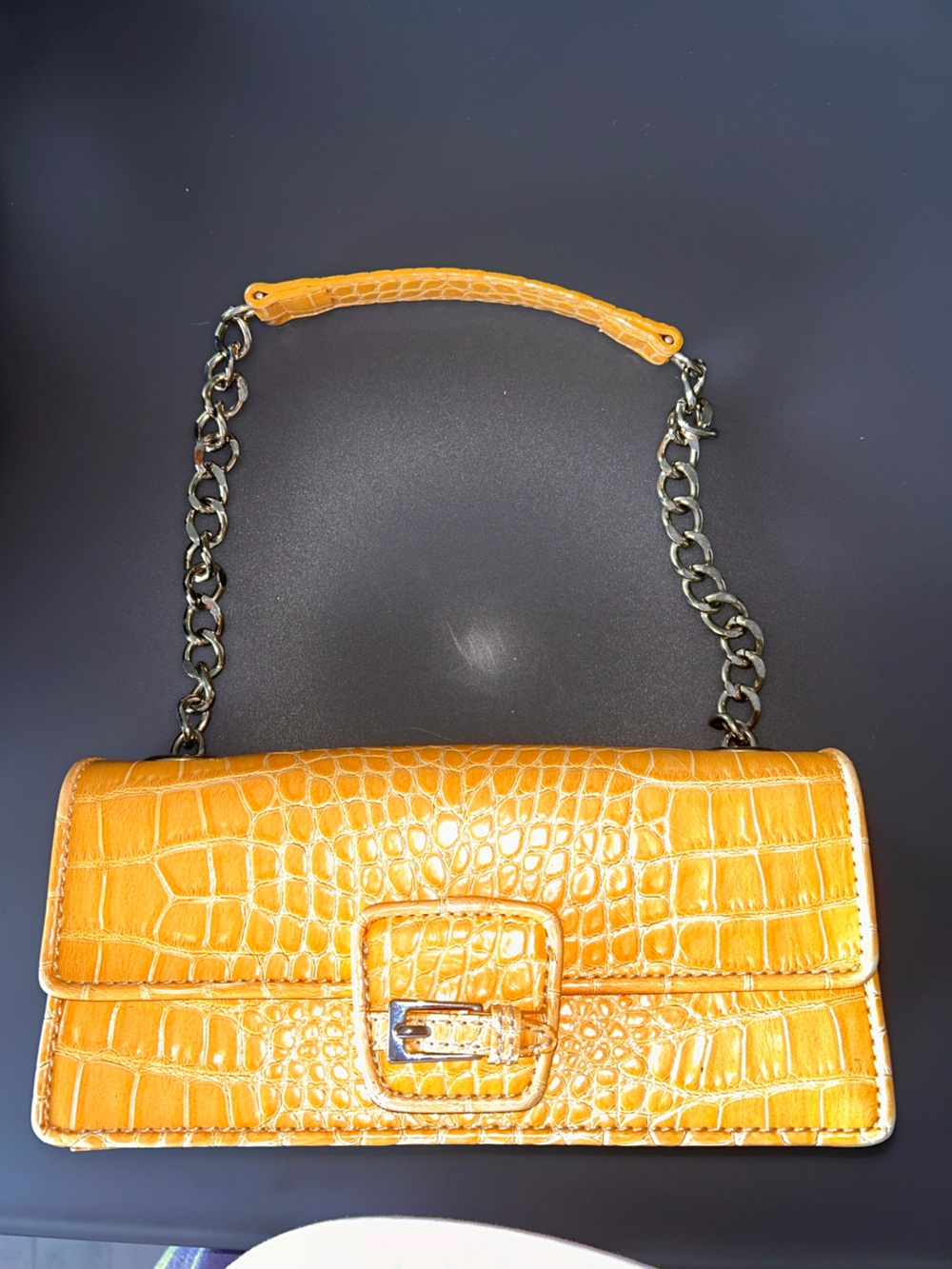 Liz Claiborne Croc-Embossed Shoulder Bag in Mustard Yellow with Chain Strap